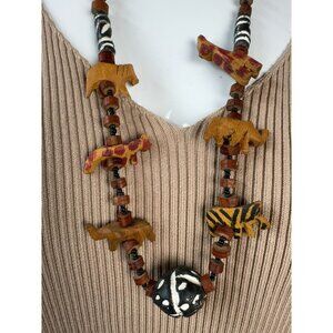 Handcrafted Wooden Safari Animal Beaded Necklace With Painted Black & White Bead